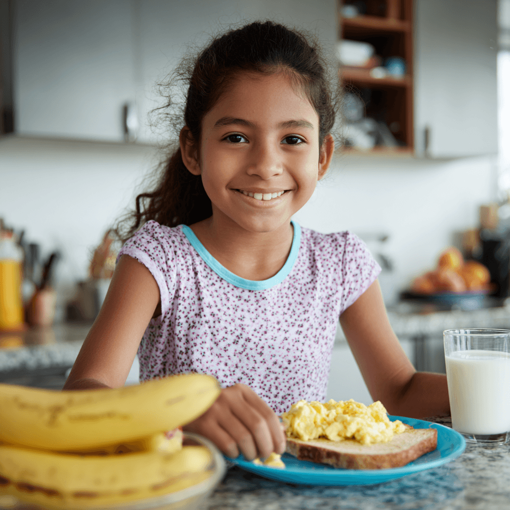 A young girl making breakfast on her own